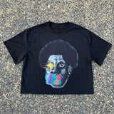 Summer American High Street Fashion Brand Round Neck Short-sleeved Y2k Harajuku Retro Anime Print Oversized Couple T-shirt Top