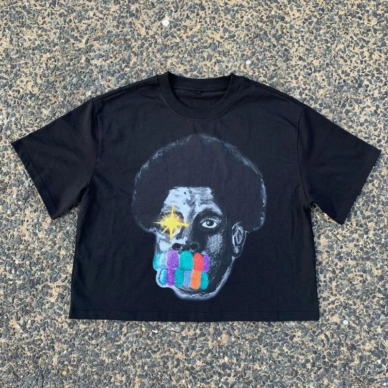 Summer American High Street Fashion Brand Round Neck Short-sleeved Y2k Harajuku Retro Anime Print Oversized Couple T-shirt Top