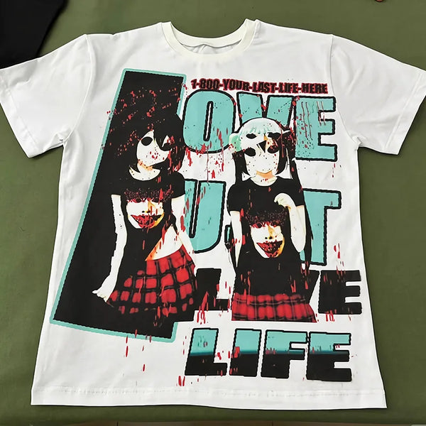 anime distortion tee with vapor blocks and text haze