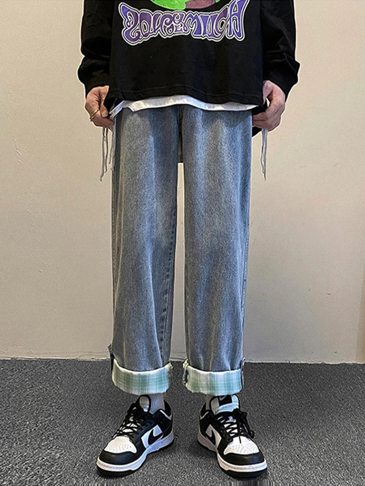 autumn plaid cuffs wide leg jeans for men high street fashion straight denim pants mujer elastic y2k baggy blue jean trousers unique jeans style 851