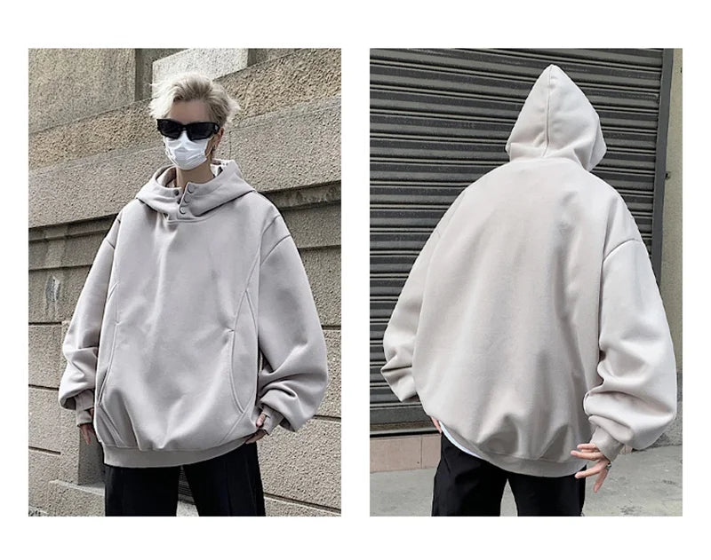 New Retro Button Neck Hooded Sweatshirts For Men Autumn Fleece Y2K Vintage Hoodies Hip Hop Fashion Streetwear Pullover Hoodie