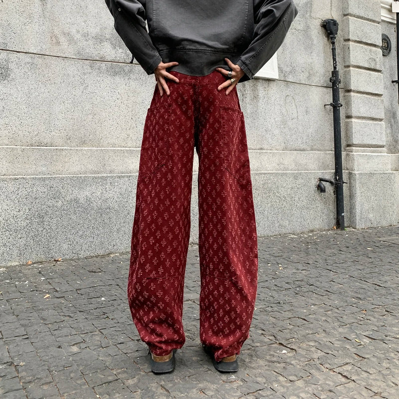 men brand fashion wash jacquard denim splice pocket loose casual wide leg baggy jeans cityboy cargo jeans pants trousers baggy cargo bottoms