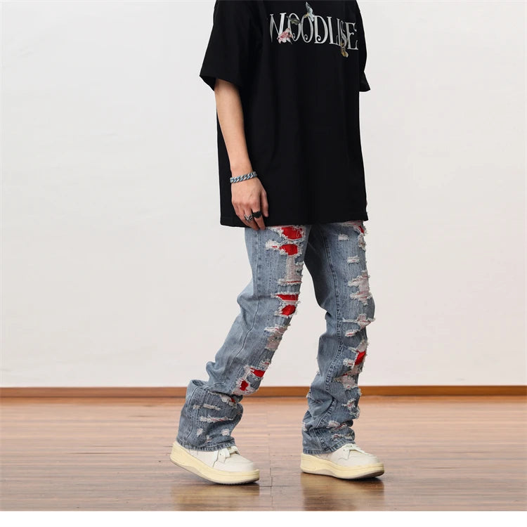 men distressed ripped destroied denim jean pants new fashion patchwork biker jeans streetwear flare pants jogger y2k men s jeans unique joggers style 3281