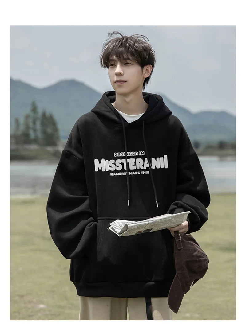 American Retro Casual Hoodies For Men Letter Printed Loose Fit Hooded