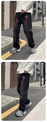 men embroidery streetwear brand fashion hip hop loose casual straight motorcycle denim jeans pant cityboy y2k jeans trousers unique jeans style 2479