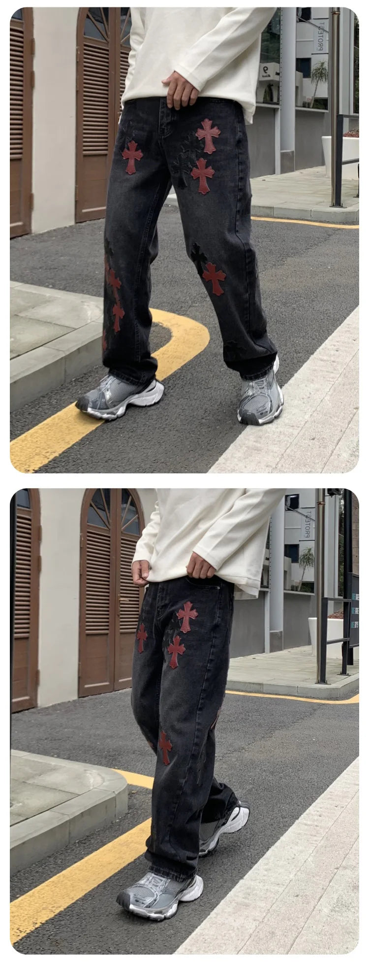 men embroidery streetwear brand fashion hip hop loose casual straight motorcycle denim jeans pant cityboy y2k jeans trousers unique jeans style 2479