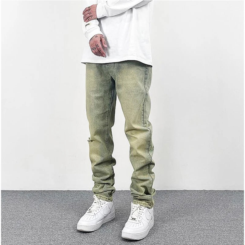 Frayed Yellow Mud Jeans Men's Harajuku Retro Straight Pockets Solid Color Baggy Casual Denim Trousers