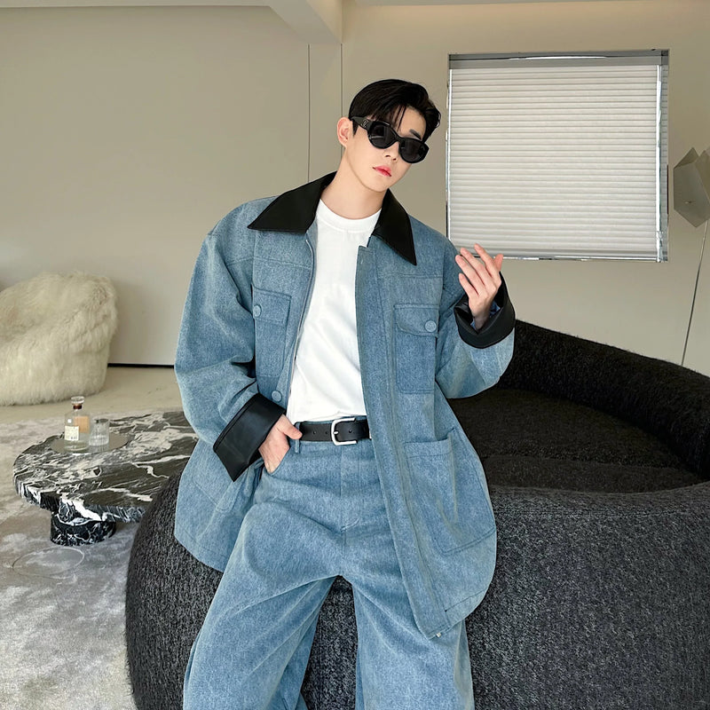 fashion show suits men streetwear washed denim splice loose casual jacket wide leg jeans pants 2 piece sets coat trousers suits unique jeans style 2748