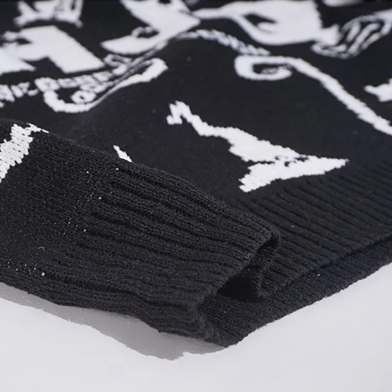 mens turtleneck knitted sweater fashion hip hop harajuku letter sweater retro vintage jumpers casual cotton pullovers sweaters trendy hip hop style outerwear, oversized graphic print design, Y2K vintage urban hoodie