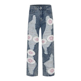 y2k streetwear embroidered ripped wide jeans for men washed destroyed torn flared jean male tassels hip hop jeans pants baggy unique jeans style 688