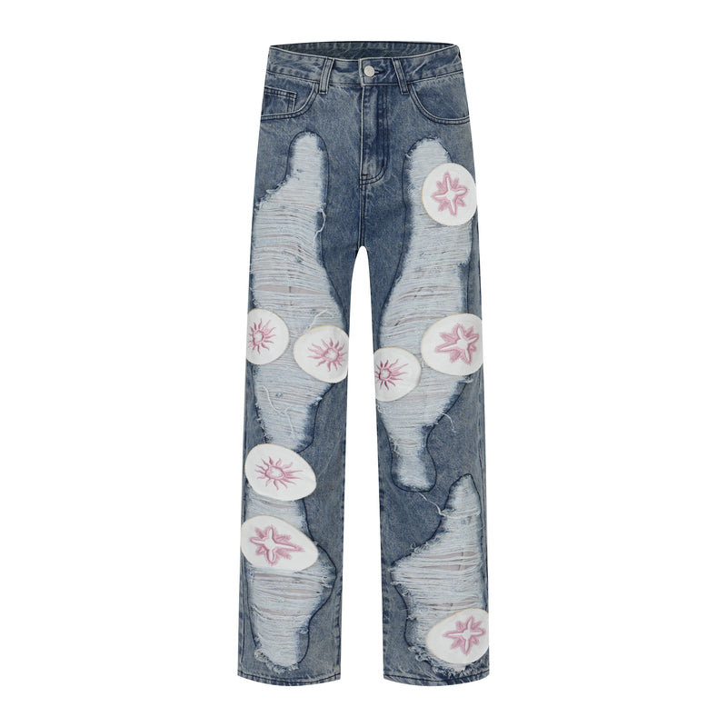 y2k streetwear embroidered ripped wide jeans for men washed destroyed torn flared jean male tassels hip hop jeans pants baggy unique jeans style 688