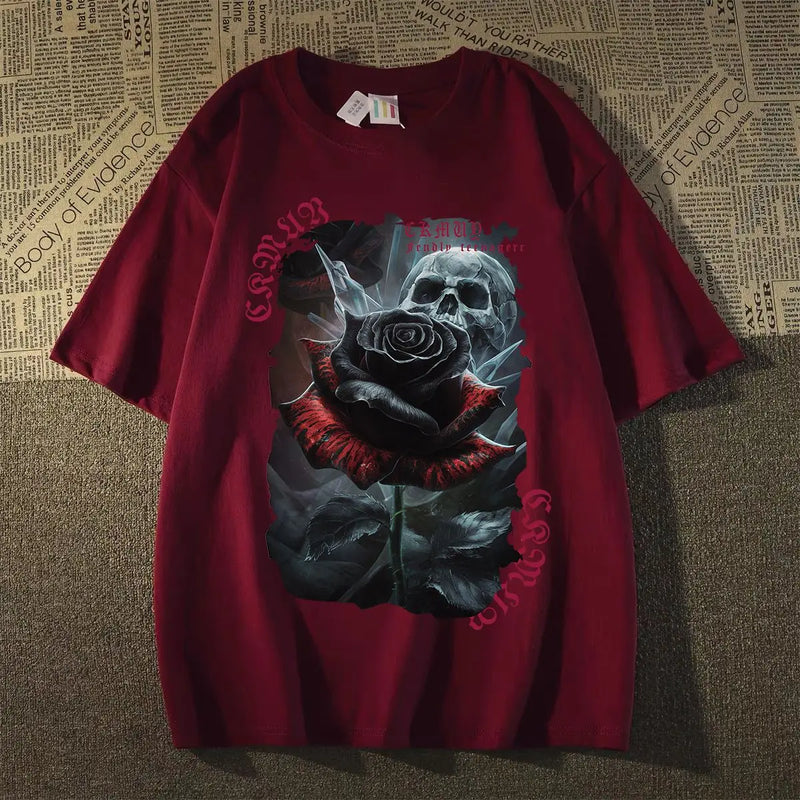 Sadcore Aesthetic piece – Pure Cotton Heavyweight American Skull Rose Summer Ins Short