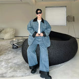 fashion show suits men streetwear washed denim splice loose casual jacket wide leg jeans pants 2 piece sets coat trousers suits unique jeans style 2750