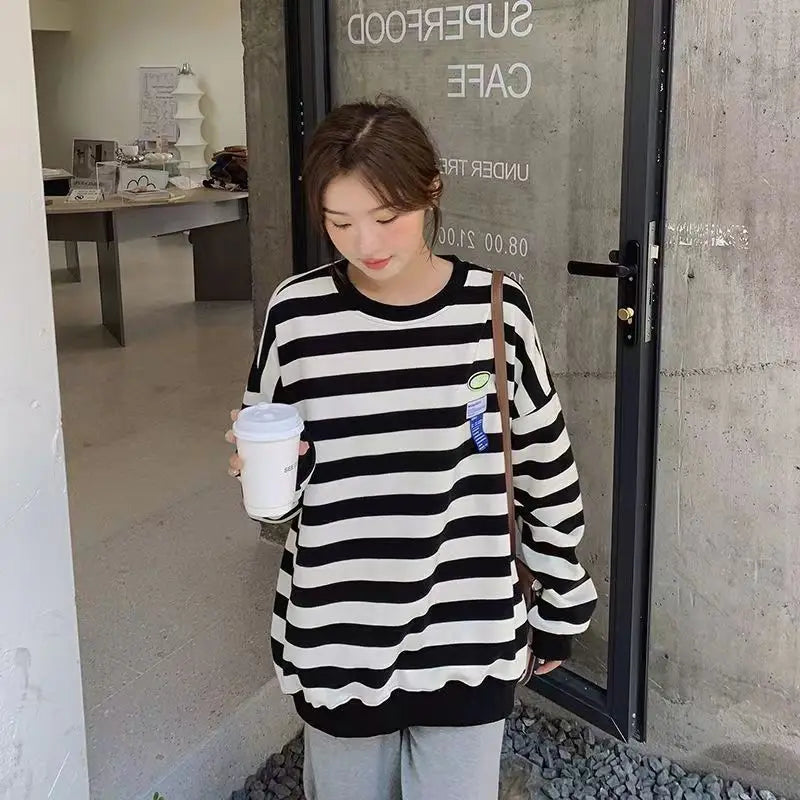 Original Korean New Style Loose Striped Sweatshirt American Harajuku C