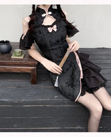 Vintage Chinese Style Cheongsam High Split Mini Dress 2024 Tie Dye Gothic Women Aesthetic Bandage Dresses Y2k Sexy Bodycon Robe