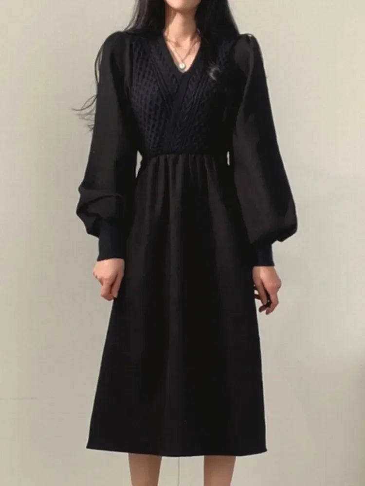 Winter Dress Long Elegant Splicing Stripes Y2k Knitted Dress Women Koean Fashion Long Sleeve Dresses Female Club Party Vestidos