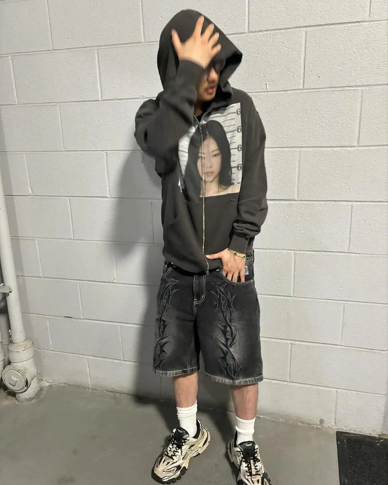 Y2K Summer Retro Nostalgic Casual Zipper Hoodie Men Harajuku High Stre