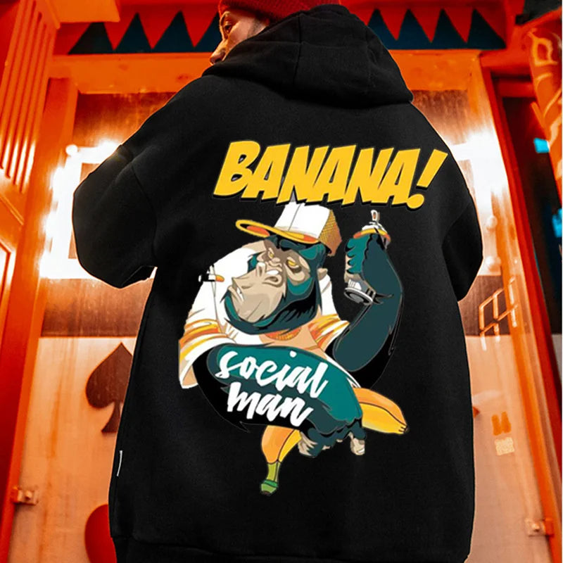 Cartoon Gorilla Banana Graphic Men's Hoodies Autumn Oversized Hip Hop Fashion Hooded Sweatshirt