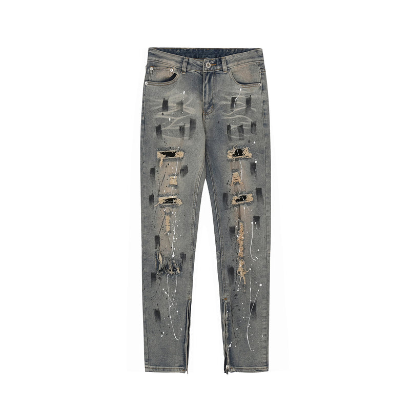 bottom zipper destroyed jeans skinny jeans ripped slim men biker jeans fashion graffiti printed streetwear hip hop pants joggers relaxed fit joggers