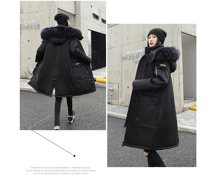 Korean Style Winter Long Parka Coat Men Woman Down Jacket Clothing Hooded Fur Collar Thicken Warm Leisure Lovers Overcoat
