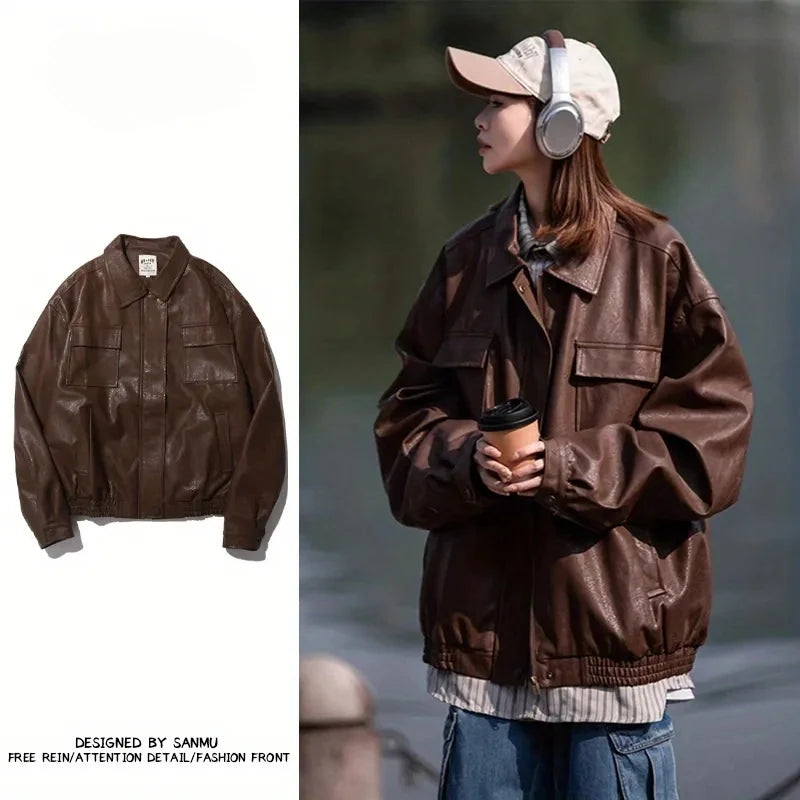 Retro Motorcycle Leather Jacket Men Woman Japanese Loose Streetwear Bomber Jackets Spring Autumn Casual PU Cargo Outwear Unisex