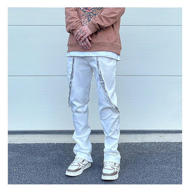 high street black white straight zipper becomes slightly flared denim jeans harajuku casual hip hop cashew flower jeans for men unique jeans style 4413