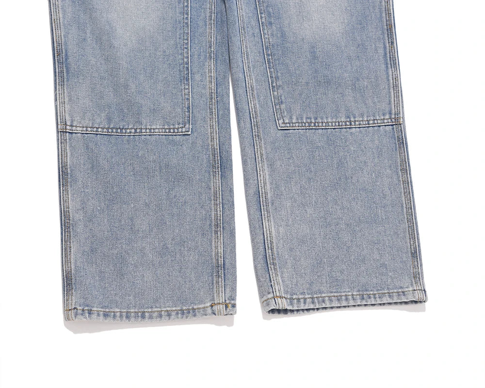 Harajuku Streetwear Y2K Sashes Straight Washed Men's Jeans Pockets Vintage Baggy Casual Cargos
