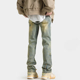 high street slim straight trousers tide vintage washed old colour stars jeans street mens denim trousers 2024 male pants urban skinny jeans