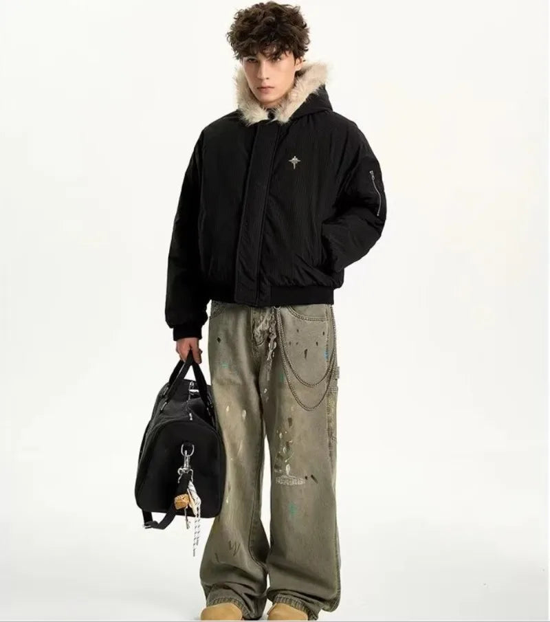Winter American Street Hooded Parkas Mens New 2024 Thickened Trendy Fur Collar Cotton Jackets Warm Zipper Pocket Fluffy Coats