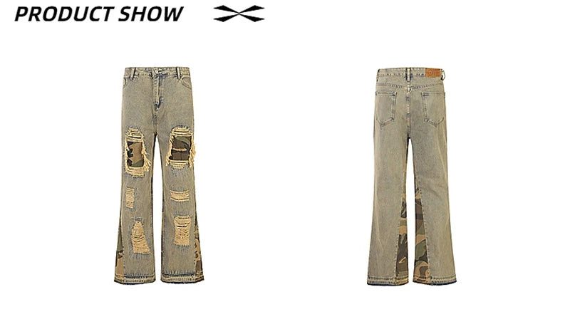 hip hop camouflage ripped patchwork denim pants for men y2k vintage streetwear wide leg jean 2025 new distressed baggy jeans unique jeans style 329