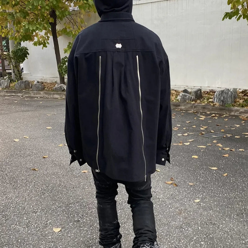 Back Zipper Vibe Style Black Long Sleeve Shirts Jackets for Men Streetwear Y2k Baggy Ropa Hombre Camisas Oversized Loose Coat
