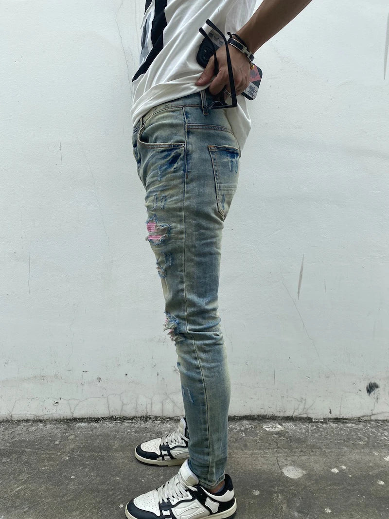 destroied ripped holes patckwork denim jean mens casual distressed washed biker jeans new fashion high street slim pants joggers casual joggers