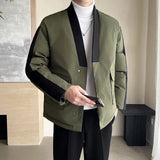 2024 Winter Collarless Cotton-padded Jacket Men Japanese Korean Fashion Loose Casual Thicken Warm Parkas Jacket Cityboy Coat