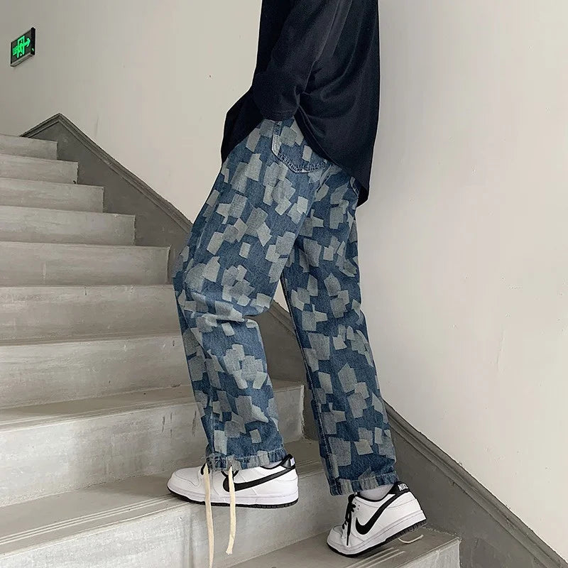 american plaid straight jeans mens casual streetwear printed denim pants autumn baggy classic wide leg retro y2k jean trousers vintage washed jeans