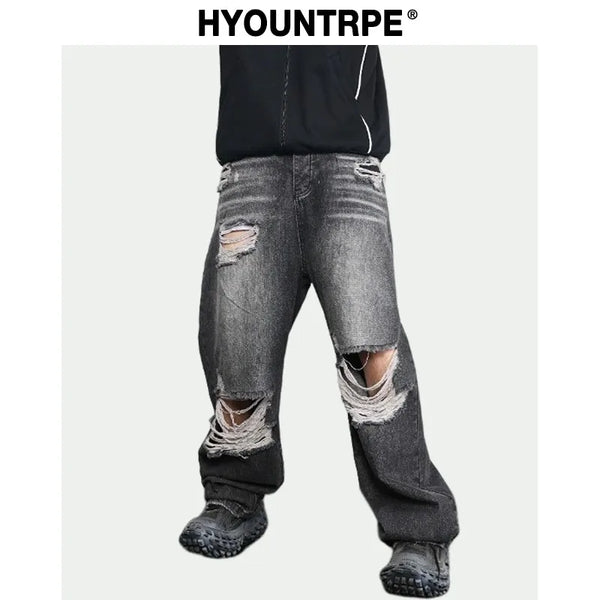 knee destroy big holes high street pants mens casual harajuku zipper straight trousers hip hop fashion streetwear baggy joggers streetwear sweatpants