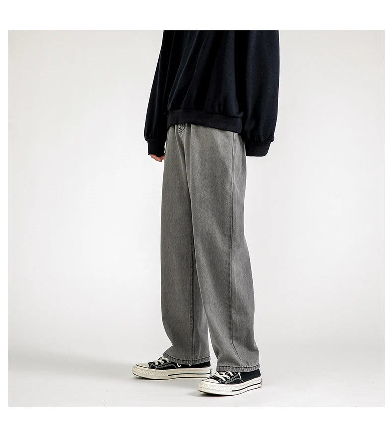 korean fashion mens baggy jeans classic all match solid color straight leg denim wide leg pants male light blue grey black unique jeans style 1146