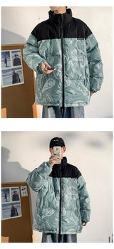 Men Japanese Streetwear Puffer Jackets 2023 Winter Mens Full Print Fashions Bubble Coat Couple Patchwork Thick Parkas