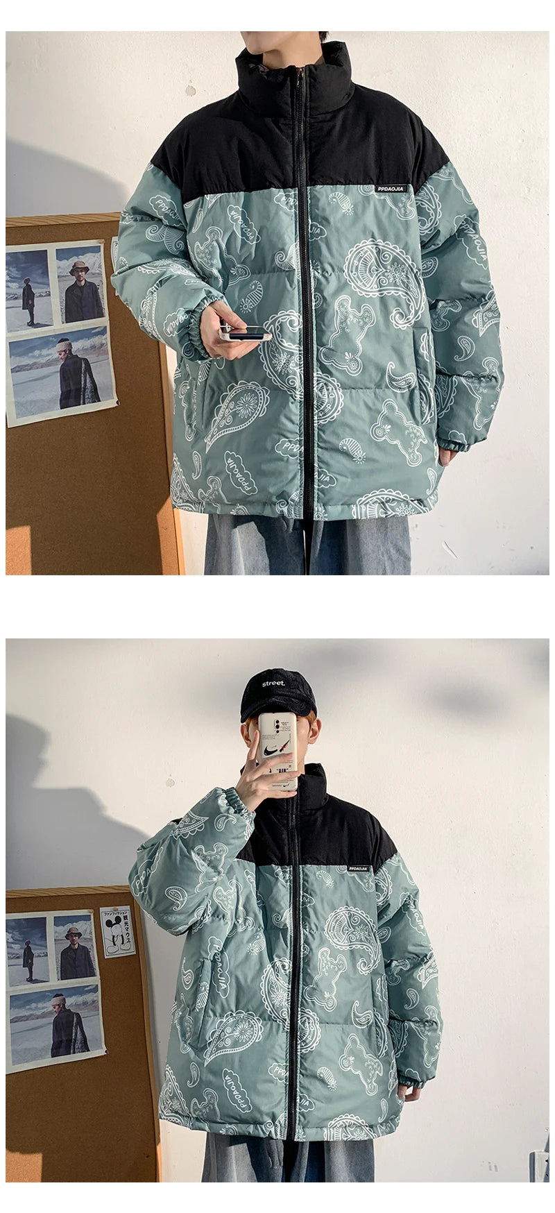 Men Japanese Streetwear Puffer Jackets 2023 Winter Mens Full Print Fashions Bubble Coat Couple Patchwork Thick Parkas