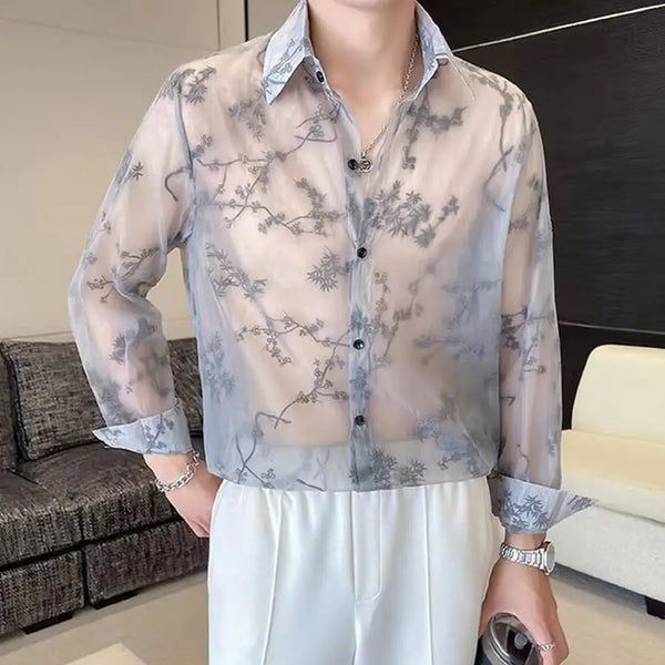 Mens Shirt Semi Transparent Exquisite Bamboo Plum Jacquard Embroidery Pattern Shirt Light Weight Sensual Long Sleeve Tops Summer