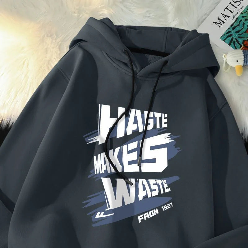 Haste Makes Waste Printed Hoody Man Personality Hip Hop Casual Pullover