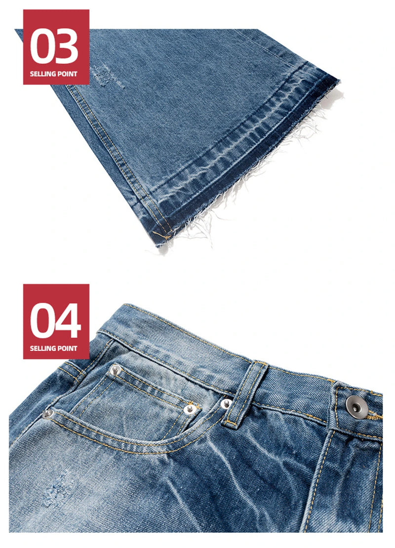vintage ripped flared jeans blue straight baggy jeans trousers streetwear luxury loose casual distressed denim pants male unique jeans style 593