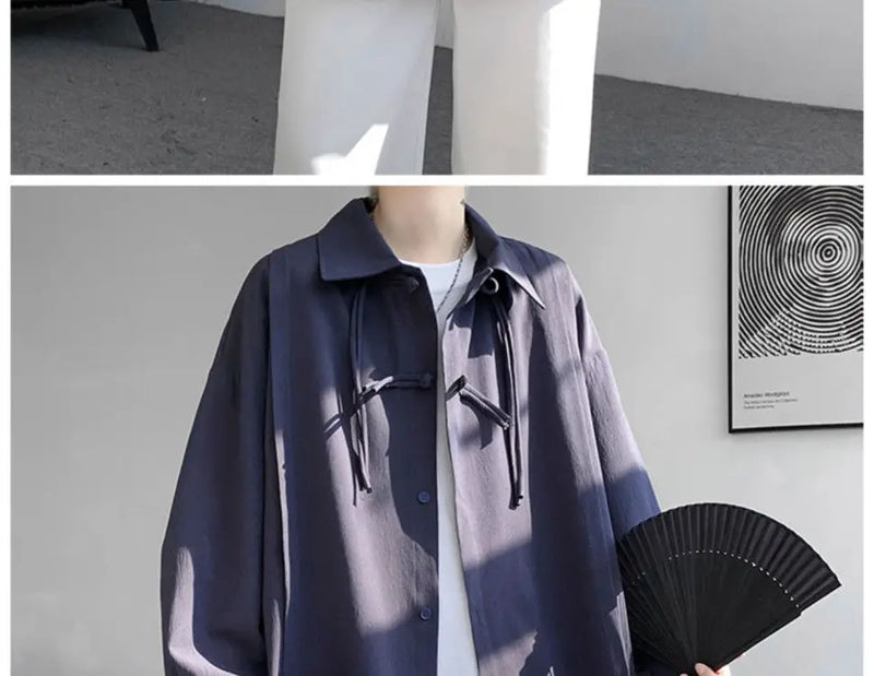 Shirts for men spring and autumn style national fashion design loose and versatile large size outer wear lapel long sleeved tops