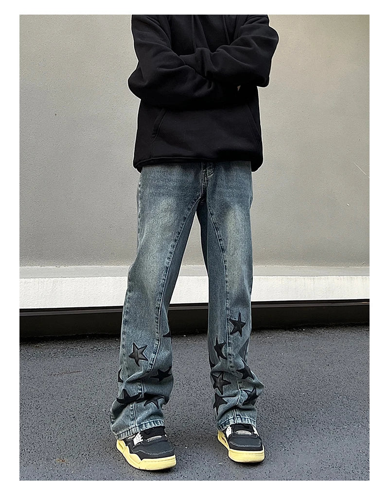 mens high street stars embroidery denim jean pants casual loose straight jeans hip hop y2k unisex pants streetwear joggers unique joggers style 3928