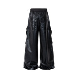 ro style glossy black pu leather pants for men high street y2k pantalones hombre baggy overall wide leg drawstring cargos unique cargo style 5647