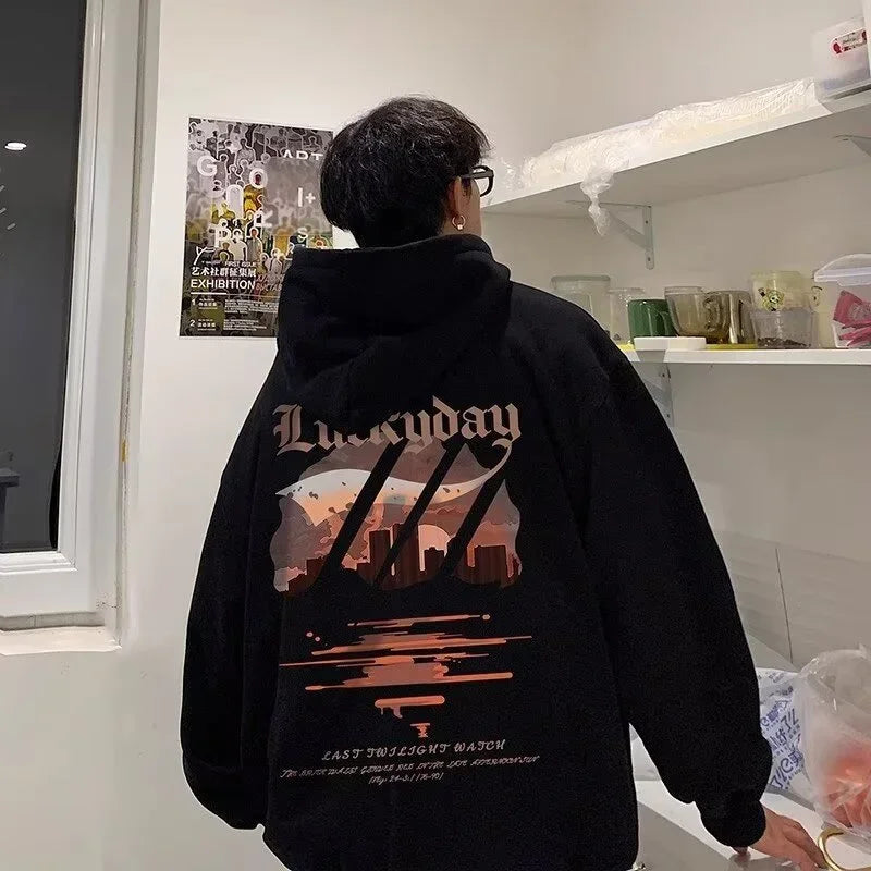 New Hip Hop Graphic Pullover Hoodies For Men Cotton Fleece Vintage Hoo