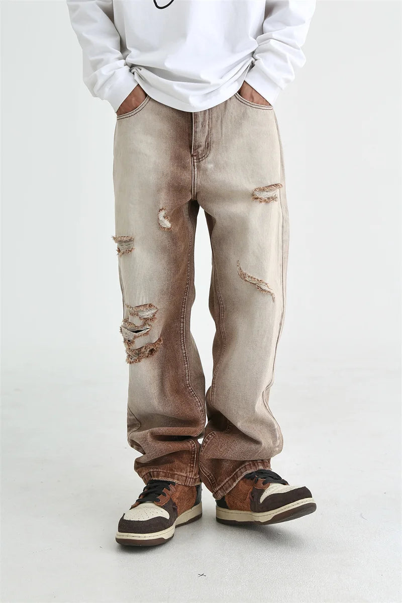 fashion denim jeans mens destoryed holes zipper straight jeans hip hop streetwear spring summer casual joggers jeans men pants unique joggers style 4152
