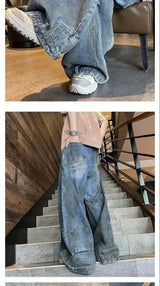 american style dirty and torn hole design straight leg wide leg jeans for men and women high street loose street casual pants unique jeans style 661