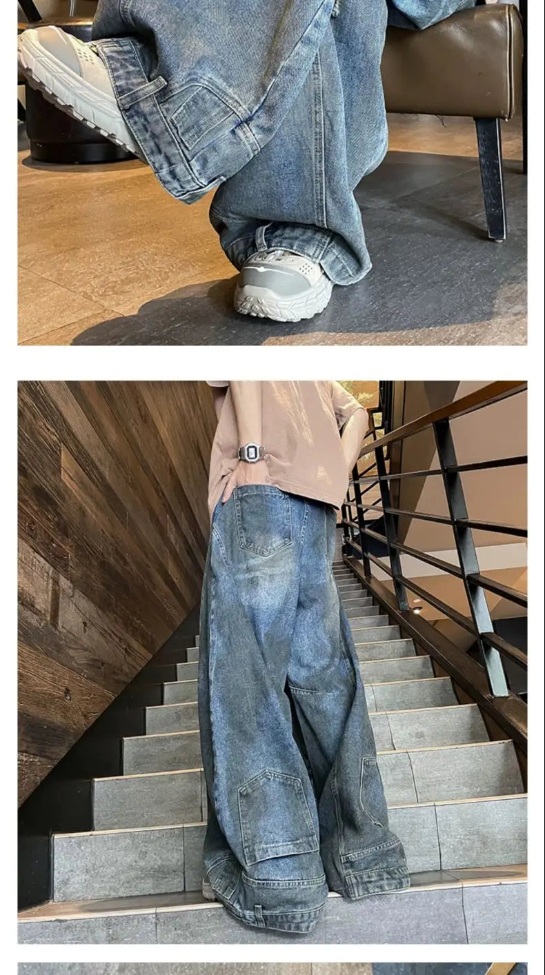 american style dirty and torn hole design straight leg wide leg jeans for men and women high street loose street casual pants unique jeans style 661