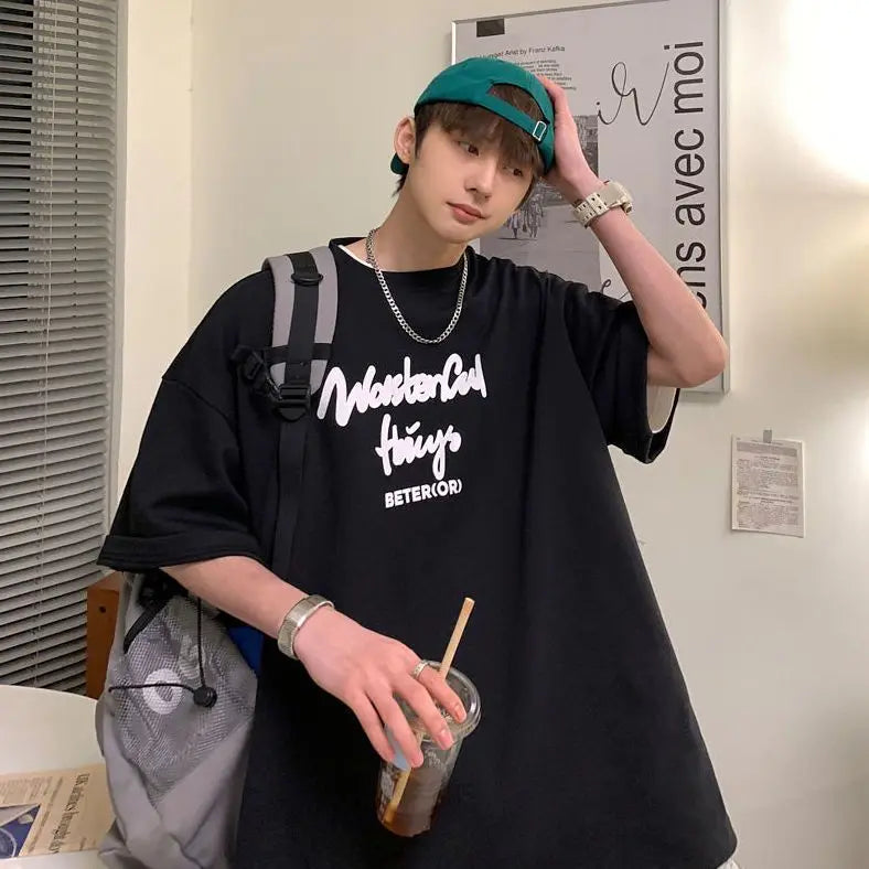 Korean style new Hong Kong style trendy letter printed short-sleeved trend loose and versatile casual couple half-sleeved top