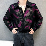 Mens Feather Embroidery Sexy Mesh Perspective Long-Sleeved Shirt Autumn Genderless Fashion Nightclub Hollow Thin Top Unisex